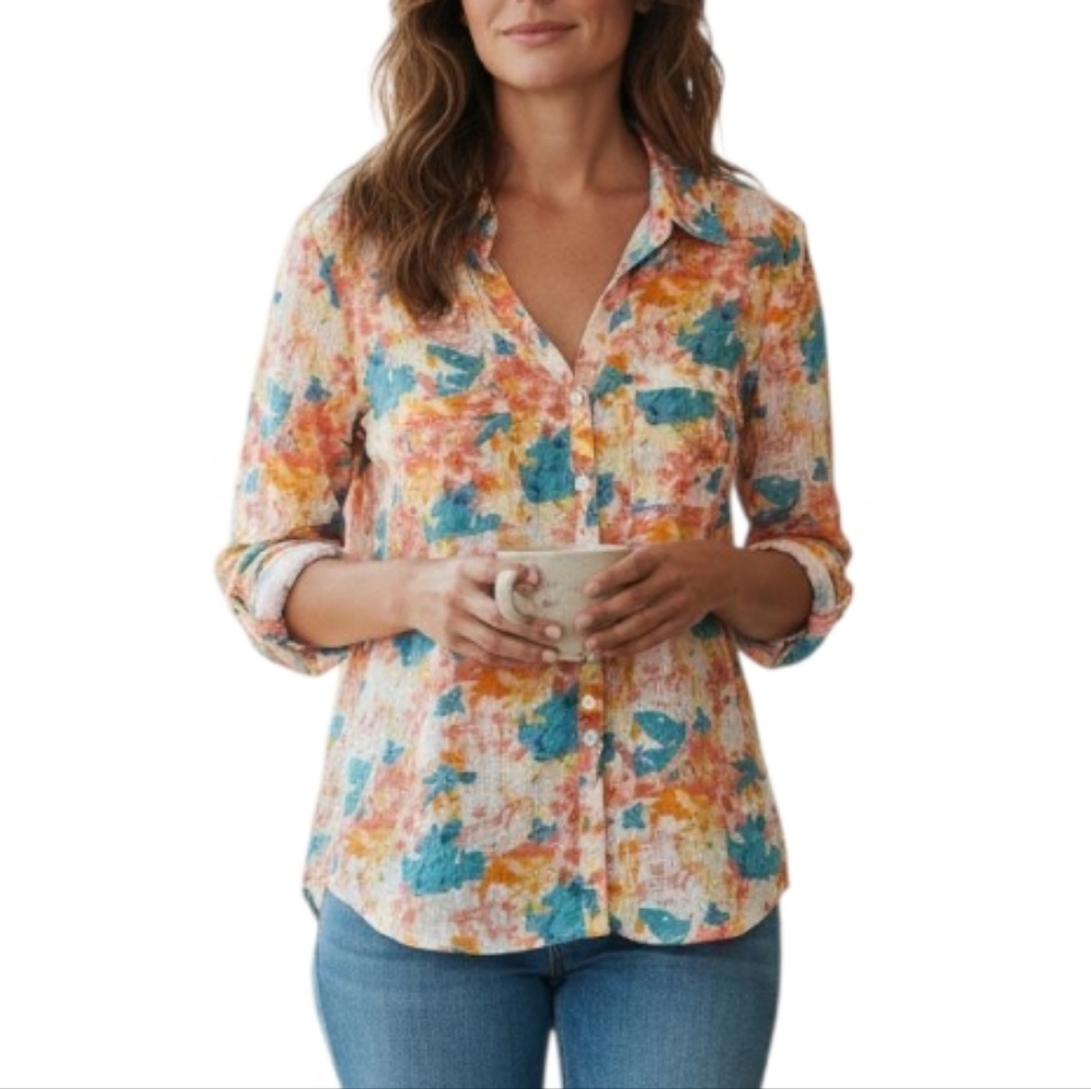 Kim Rogers Floral Button Down Roll Tab Sleeve Blouse